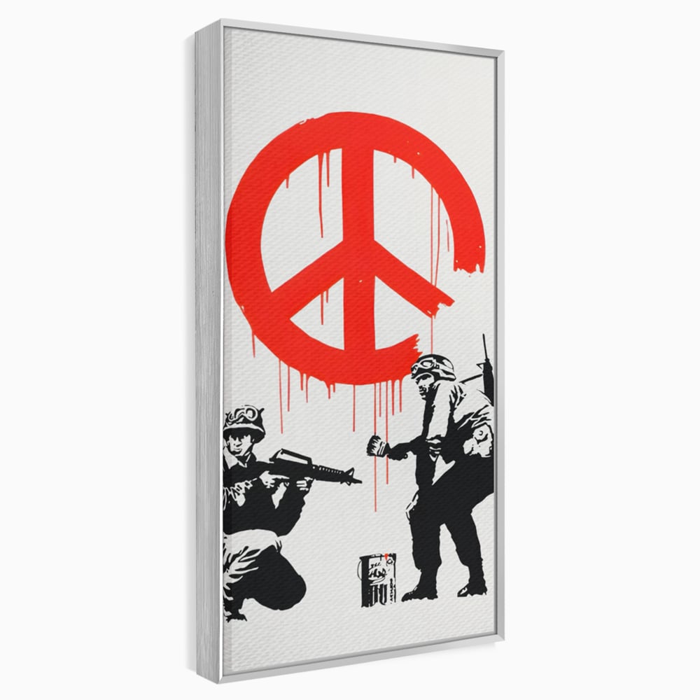 Tablou canvas cu ilustratie graffiti cu soldati si semnul pacii, in rama de aluminiu argintiu